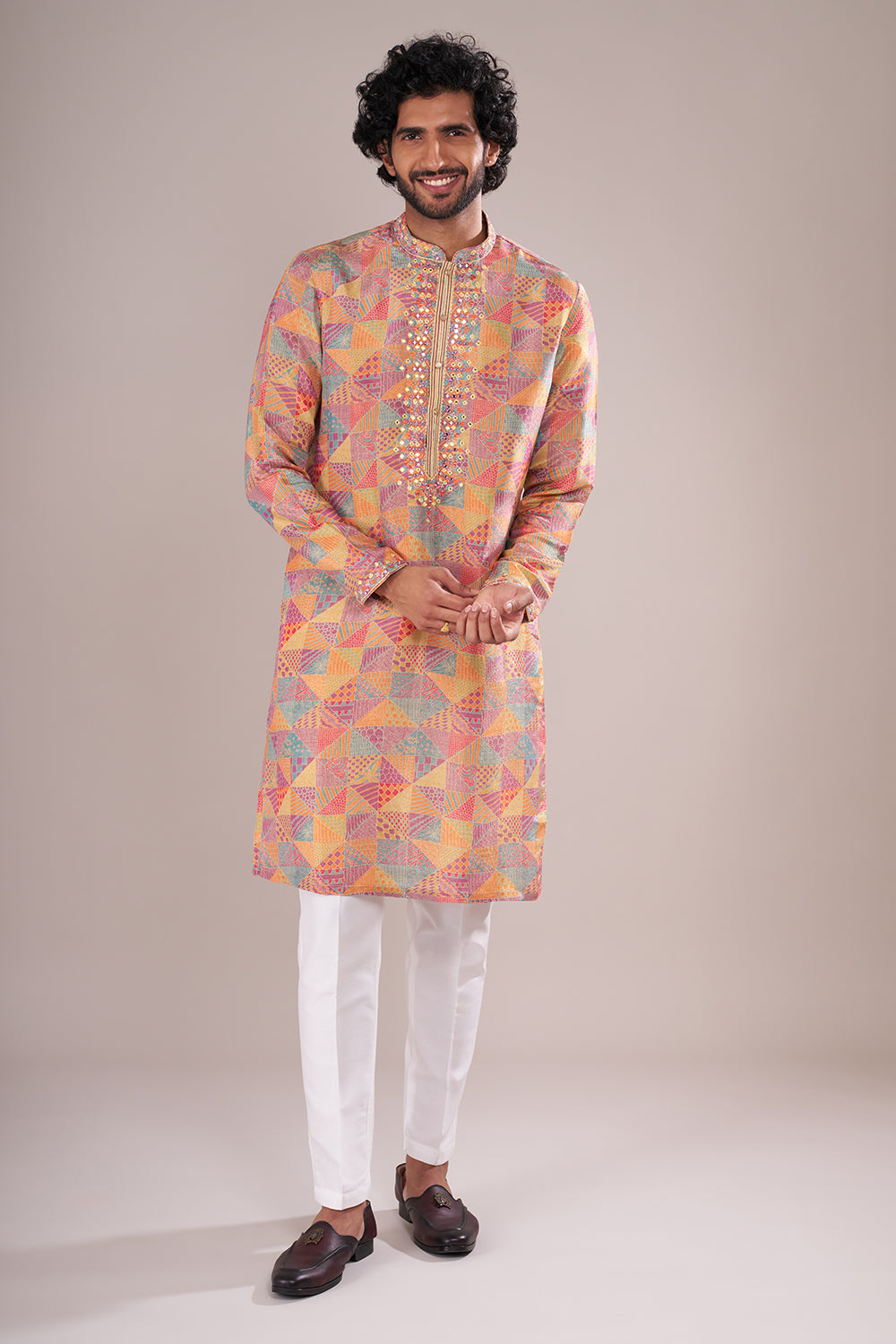 Multicolor Cotton Silk Men's Kurta Set with Mirror Work