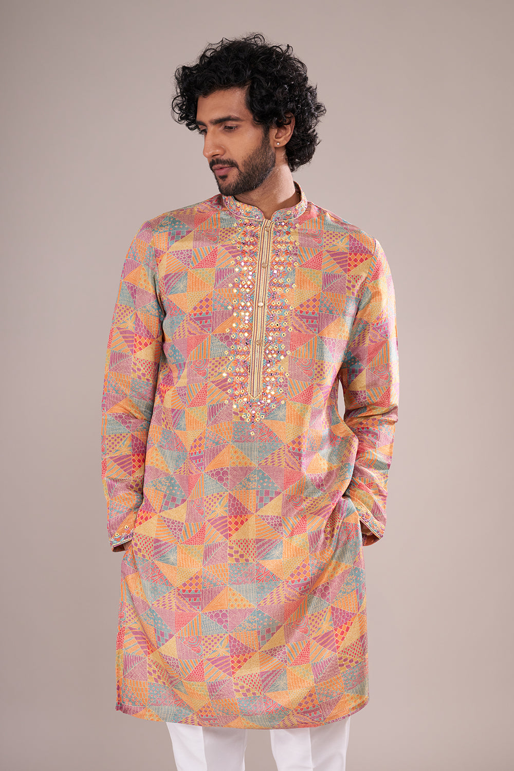 Multicolor Cotton Silk Men's Kurta Set with Mirror Work