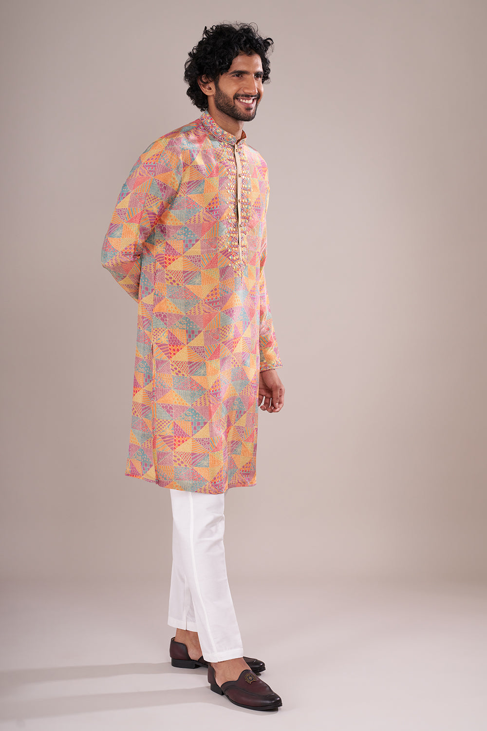 Multicolor Cotton Silk Men's Kurta Set with Mirror Work