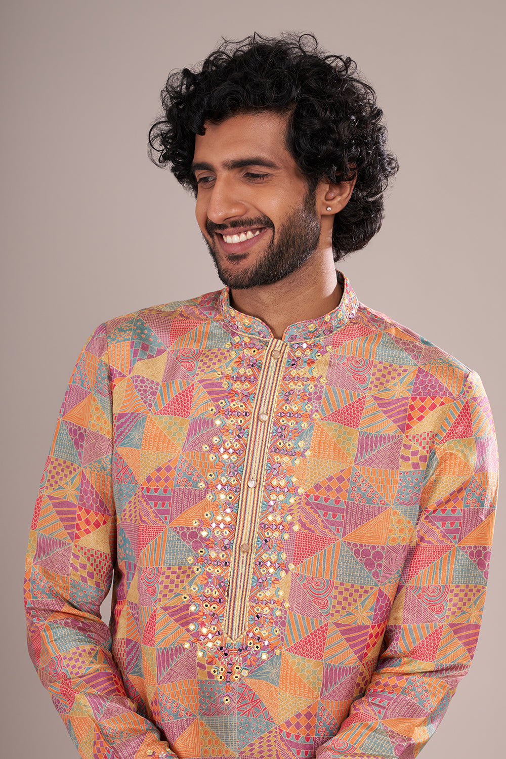 Multicolor Cotton Silk Men's Kurta Set with Mirror Work