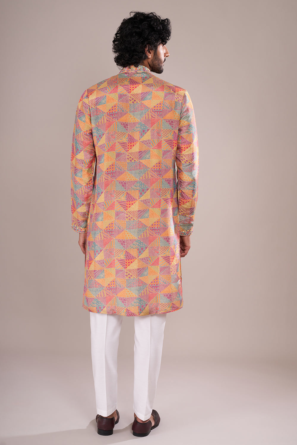 Multicolor Cotton Silk Men's Kurta Set with Mirror Work