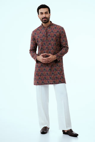 Multicolor Printed Art Silk Mens Kurta Set with Resham Work