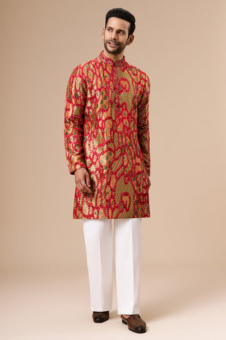 Multicolour Brocade Silk Mens Kurta Set with Mirror and Thread Work