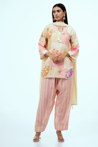 Multicolour Cotton Blended Printed Patiala Set with Dupatta