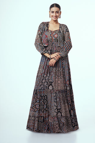Multicolour Ajrakh Anarkali Suit with Cutdana Work