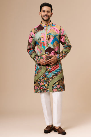 Multicolour Printed Tussar Mens Kurta with Zari and Sequin Work