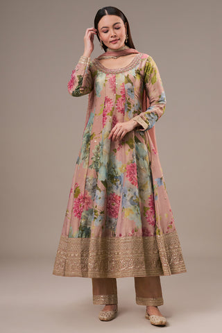 Multicolour Tissue Anarkali Suit with Zardosi and Mirror Work