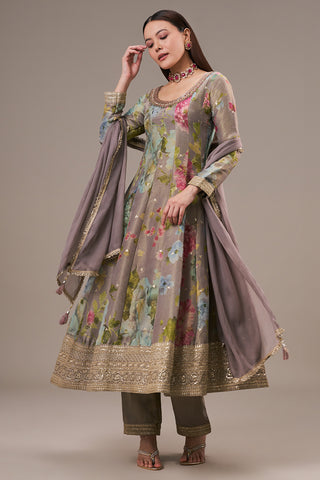 Multicolour Tissue Anarkali Suit with Zari and Mirror Work