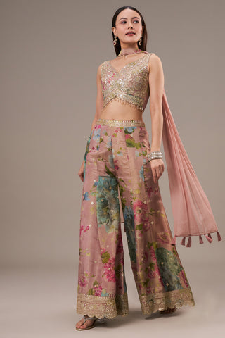 Multicolour Tissue Crop Top Style Palazzo Suit with Zardosi and Zari Work