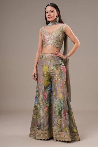 Multicolour Tissue Crop Top Style Palazzo Suit with Zari and Zardosi Work