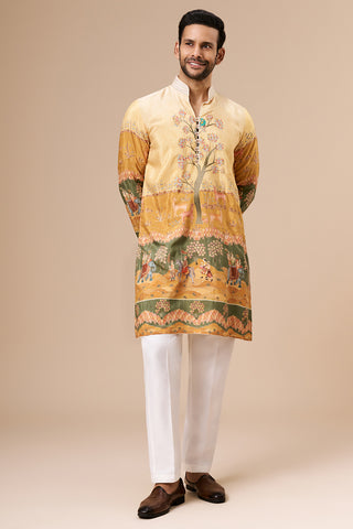 Multicolour Yellow Printed Cotton Blend Mens Kurta with Zari Work
