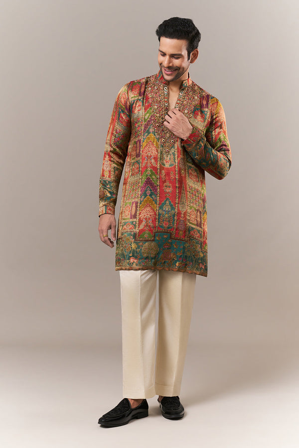 Multicoloured Brocade Mens Kurta Set with Zari and Stone Work