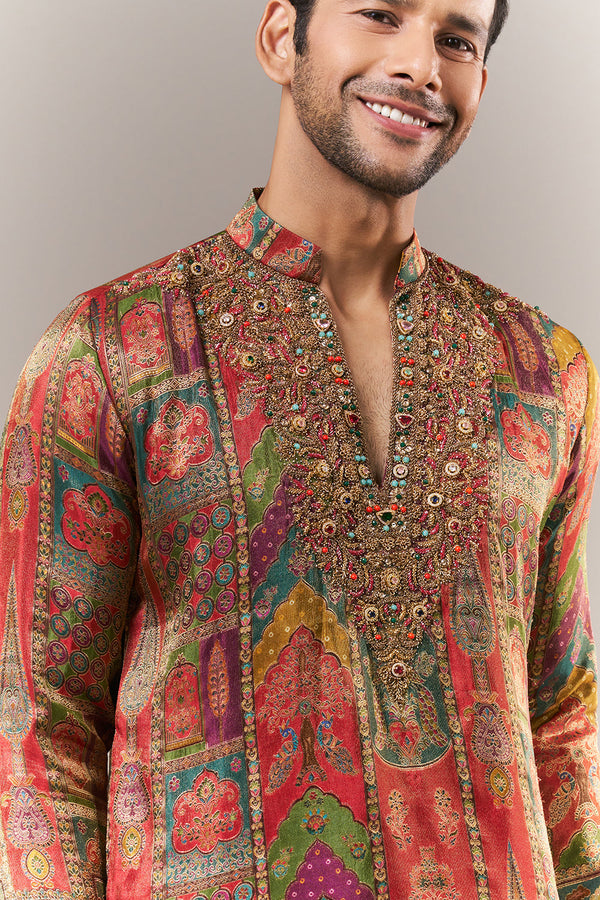 Multicoloured Brocade Mens Kurta Set with Zari and Stone Work