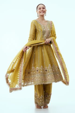 Mustard Anarkali Suit with Mirror work and Zari Embroidery