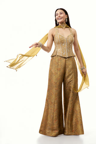 Mustard Art Silk Palazzo Set with Zardosi and Mirror Work