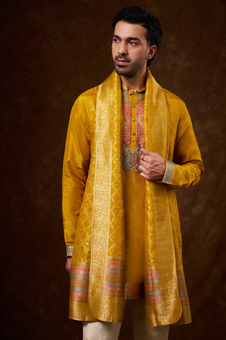 Mustard Brocade Silk Men's Kurta Set with Zardozi Work