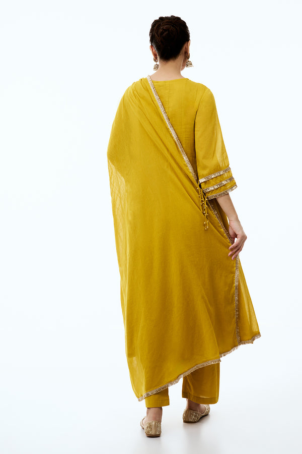 Mustard Chanderi Semi Anarkali Set with Moti and Mirror Work