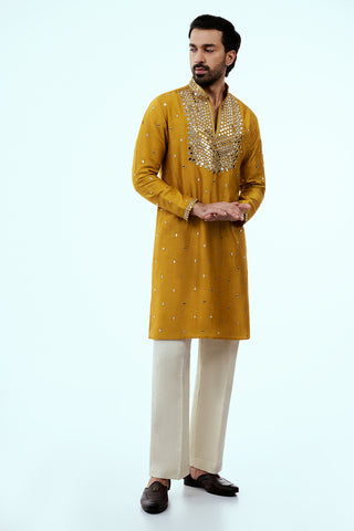 Mustard Chanderi Silk Mens Kurta Set with Mirror Work
