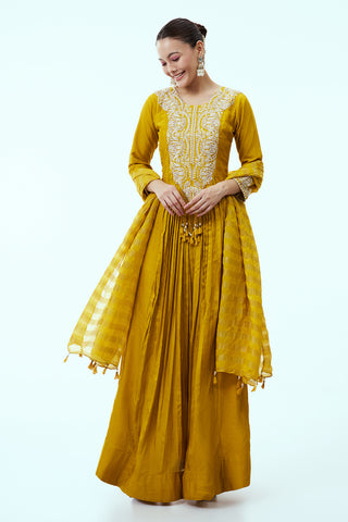 Mustard Cotton Silk Anarkali with Threadwork Embroidery and Dupatta
