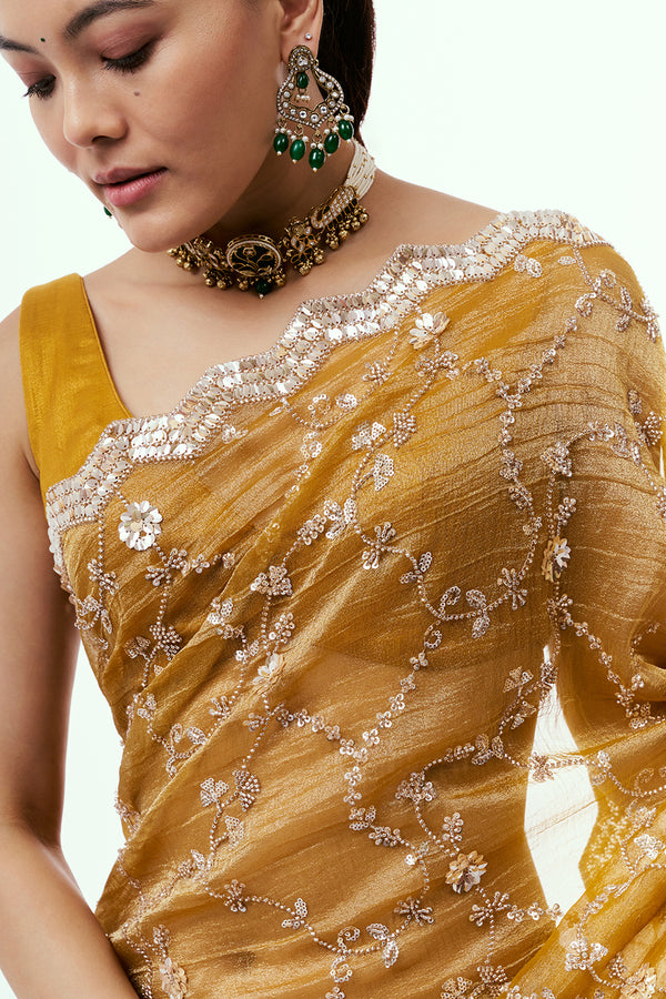 Mustard Crush Organza Saree with Cutdana Jaal