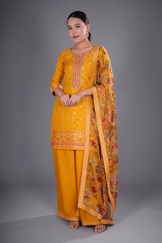 Mustard Pure Silk Banarasi Kurta Set with Resham Embroidery