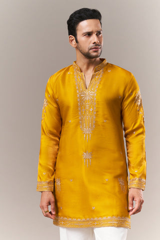 Mustard Satin Mens Kurta Set with Dori and Sequins Work