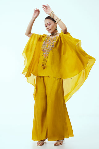 Mustard Satin Silk Palazzo Set with Zari and Sequins Work