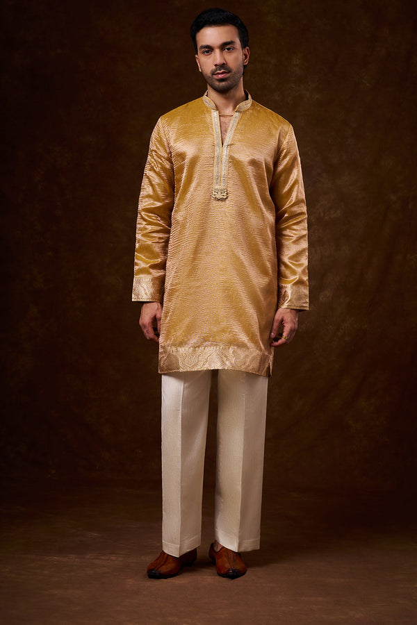 Mustard Tissue Silk Men's Kurta Set with Lace Detailing