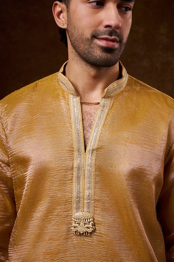 Mustard Tissue Silk Men's Kurta Set with Lace Detailing