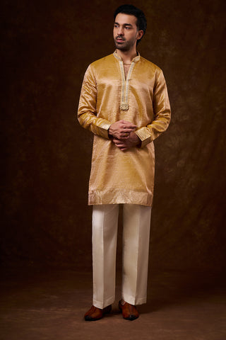 Mustard Tissue Silk Men's Kurta Set with Lace Detailing