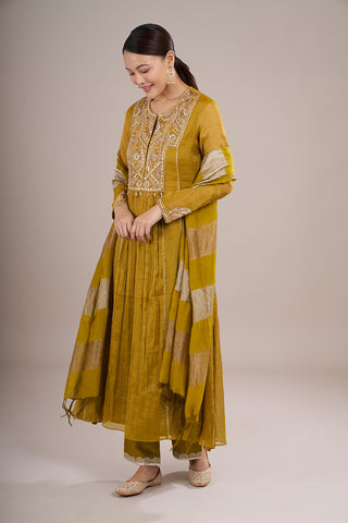Mustard Yellow Chanderi Silk Anarkali Set with Beadwork