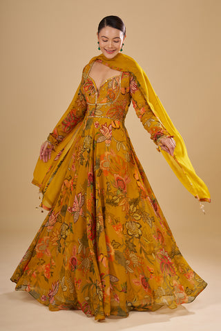Mustard Yellow Floral Printed Organza Anarkali Set with Mirror and Sequins Embroidery