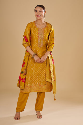 Mustard Yellow Printed Kurta Set with Embroidered Neckline
