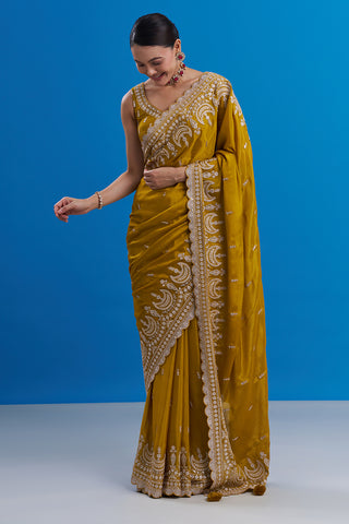 Mustard Yellow Pure Chiffon Saree with Sequin Embroidery And Stitched Blouse