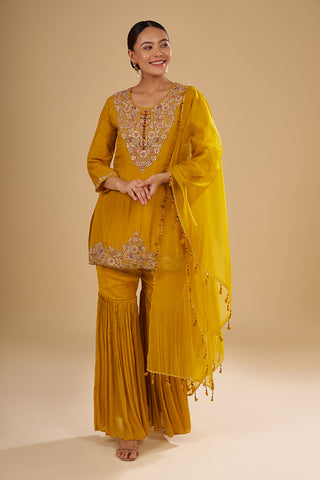 Mustard Yellow Pure Raw Silk Short Kurta Set with Resham, Gota Patti and Zardosi Hand Work