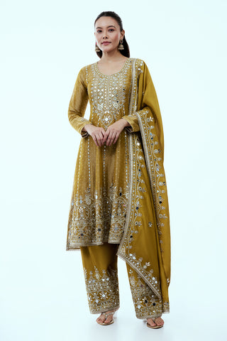 Mustard Yellow Shimmer Tissue Palazzo Suit with Dori Gota and Mirror Work