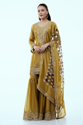 Mustard Yellow Shimmer Tissue Sharara Suit with Dori and Mirror Work