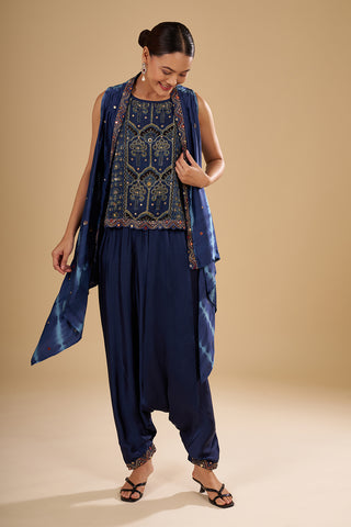 Navy Blue Bamber Satin Cape Set with Mirror Embroidery