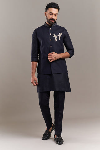 Navy Blue Cotton Jute Bird Accent Men's Kurta with Jacket