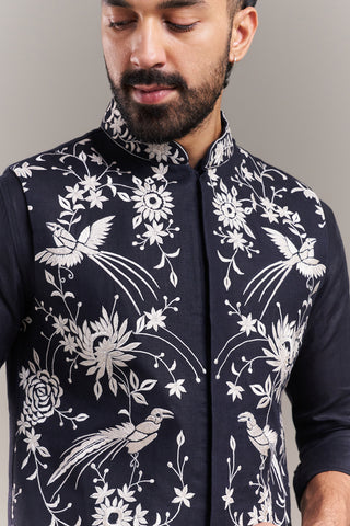 Navy Blue Cotton Jute Bird Motif Men's Kurta with Jacket
