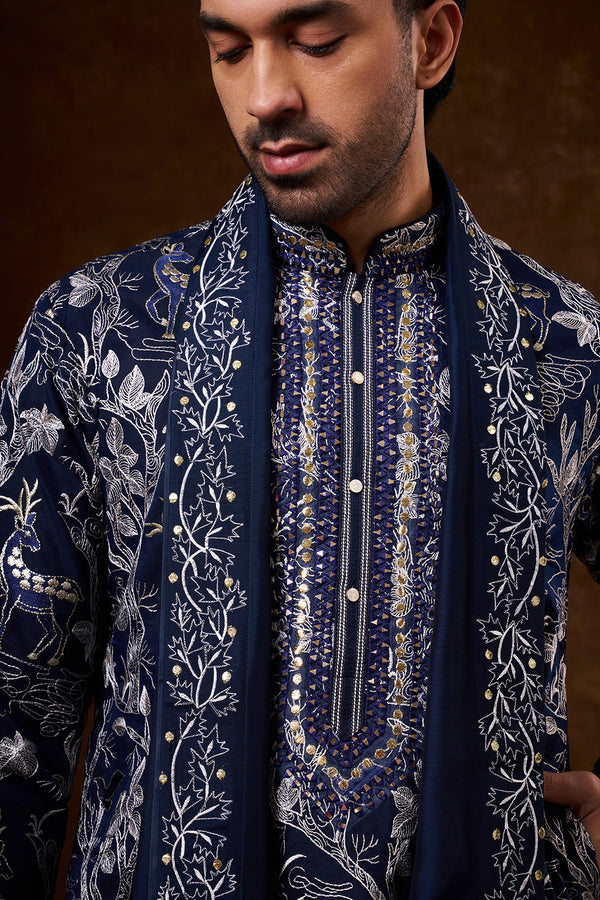 Navy Blue Cotton Men's Kurta Set with Resham Work