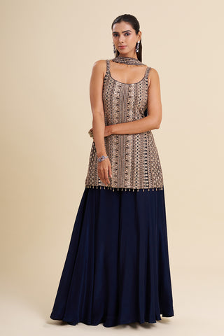 Navy Blue Crepe Kurta Set with Aari Embroidery