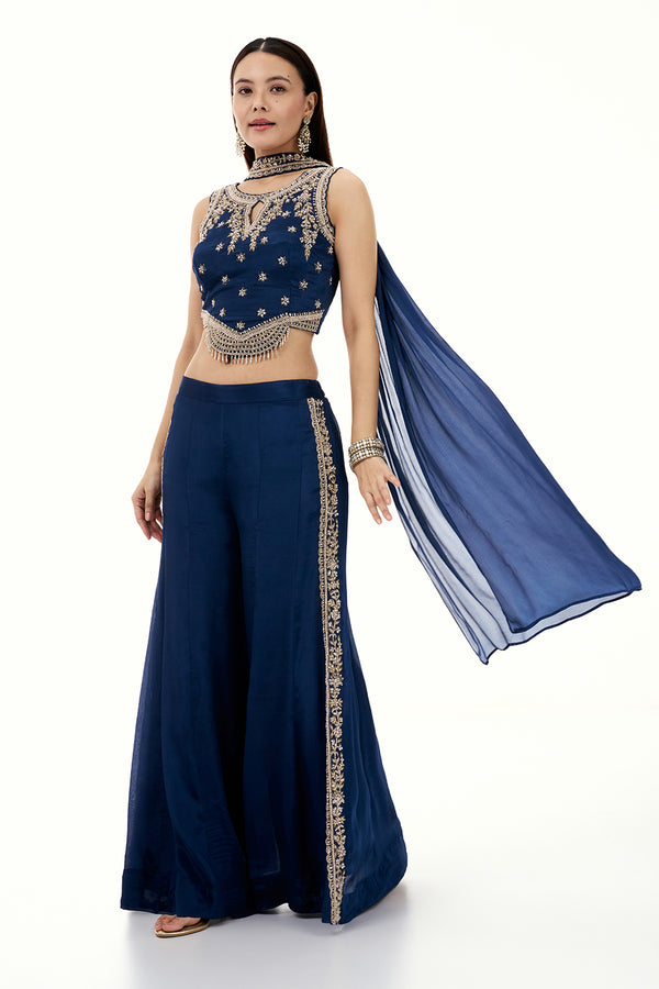 Navy Blue Crepe Palazzo Set with Embroidered Crop Top and Zardosi Work
