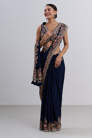 Navy Blue Crepe Saree with Thread Embroidery And Stitched Blouse