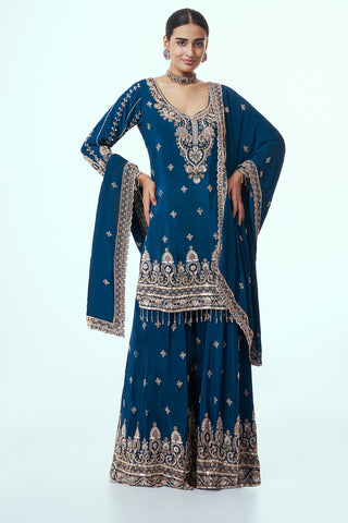 Navy Blue Crepe Silk Sharara Suit with Zari Work
