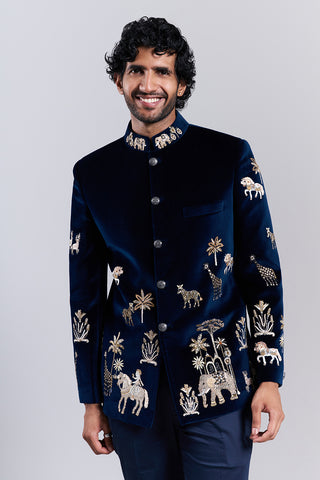 Navy Blue Embroidered Bandhgala Set