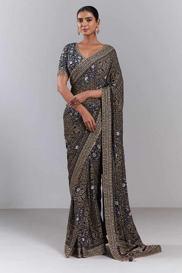 Navy Blue Georgette Embellished Saree And Stitched Blouse