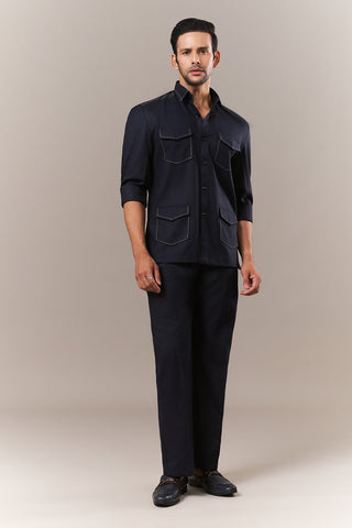 Navy Blue Linen Mens Suit with Thread Work