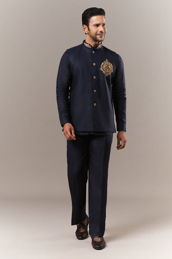 Navy Blue Linen Mens Jodhpuri Set with Zardosi Embroidery