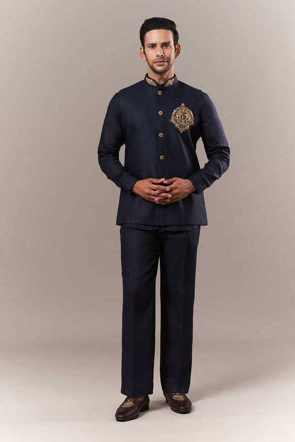 Navy Blue Linen Mens Jodhpuri Set with Zardosi Embroidery